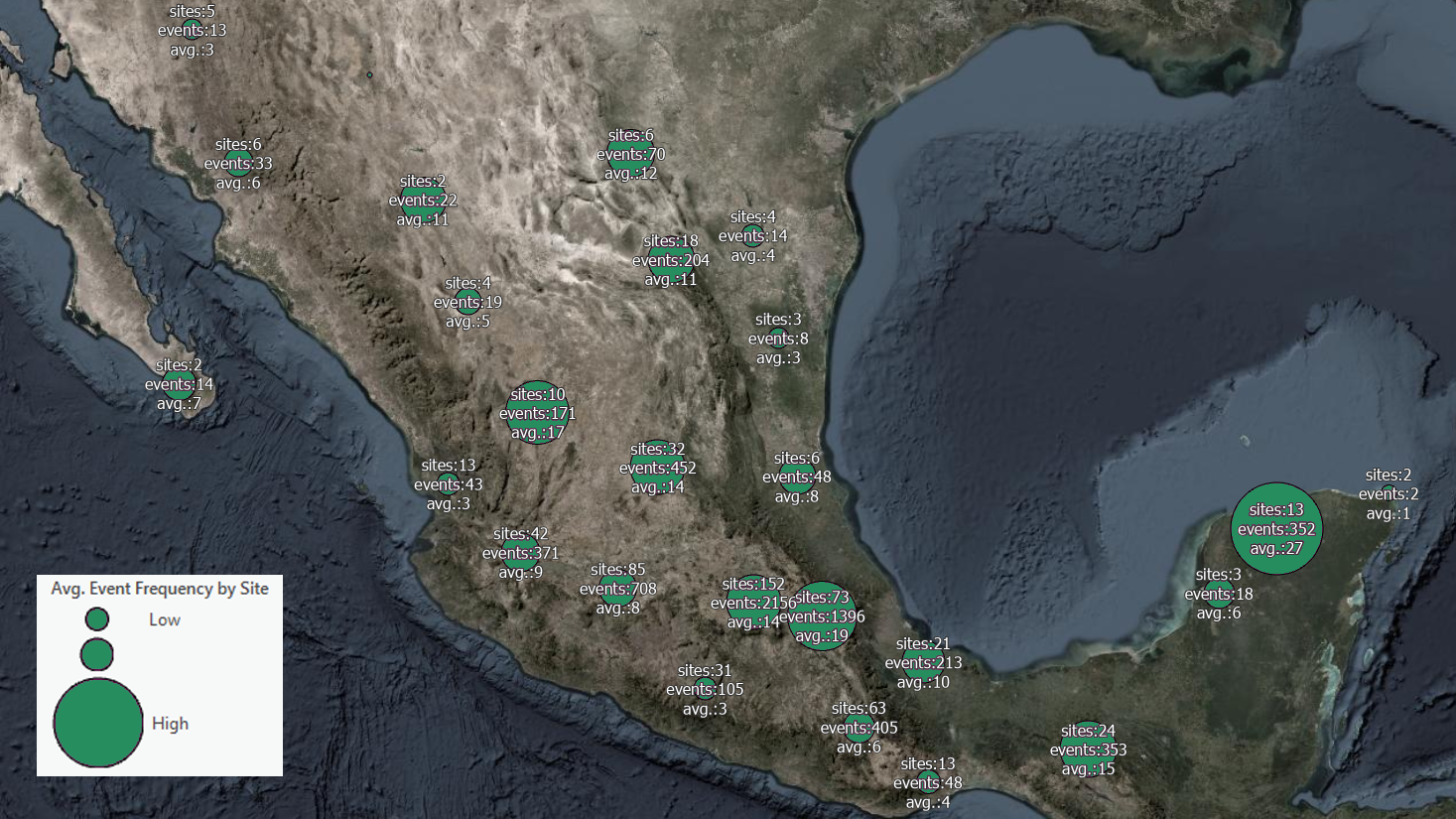 Map of Mexico showing the number of ecocrisis events.