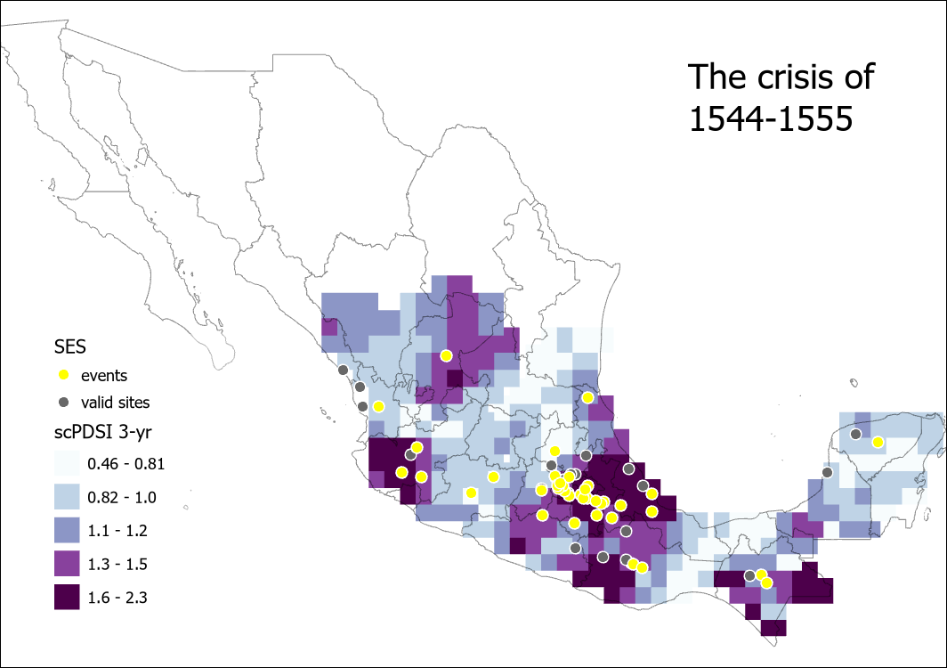 Map of pdsi and ses events in mexico from 1544 to 1555.