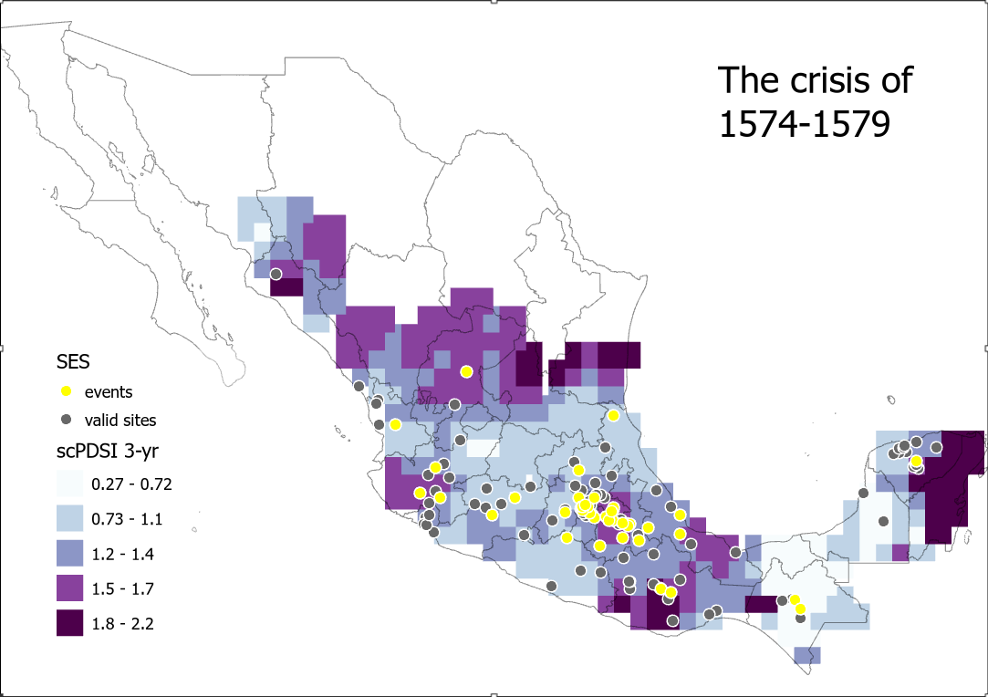 Map of pdsi and ses events in Mexico, 1574-1579