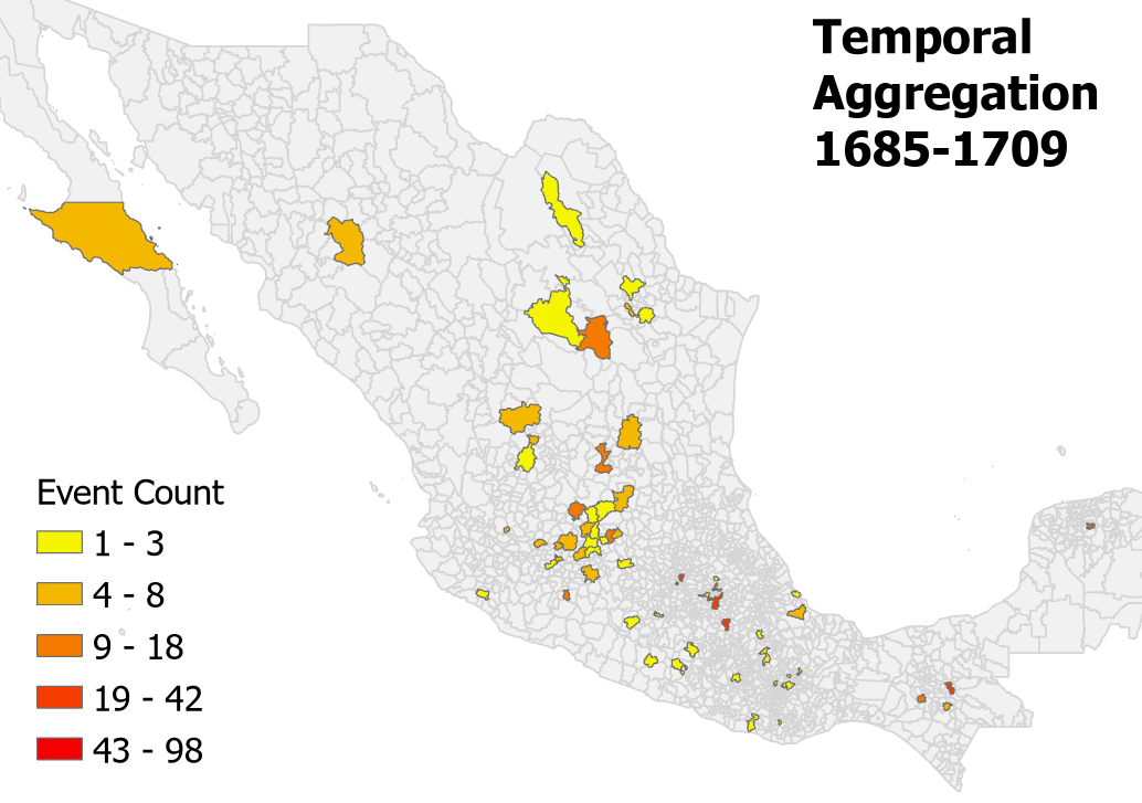 Map of temporally aggregated data, 1685-1709.