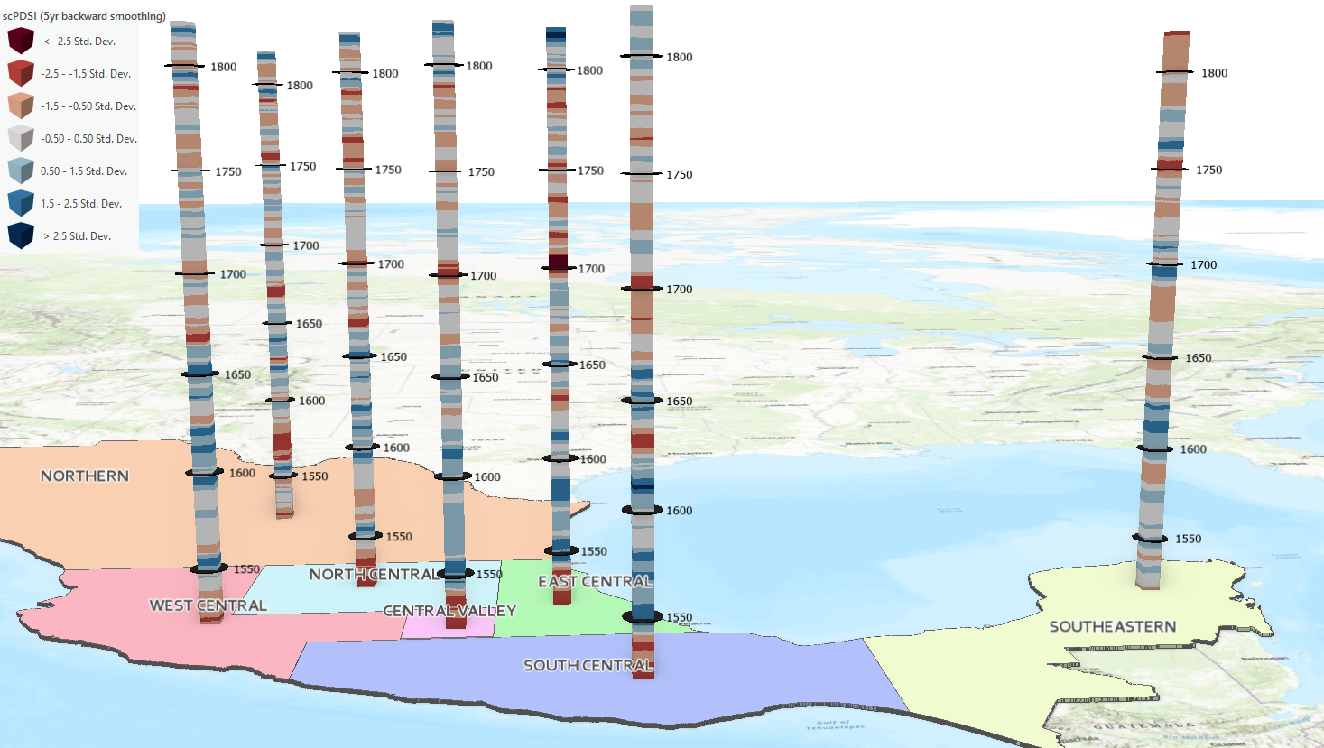 3D map of scPDSI in Mexico, grouped into seven regions, from 1520 to 1820