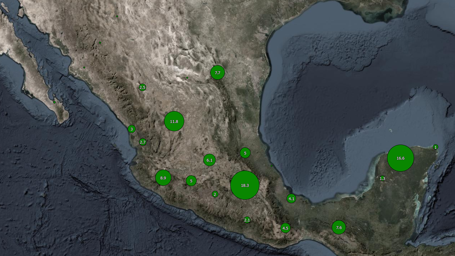 Map of Mexico showing ecocrisis events from 1521 to 1669