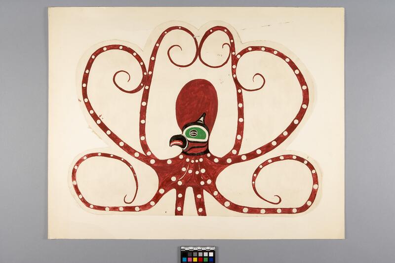 The image shows a painting of a red octopus-like creature with white spots spanning from the middle of its body throughout each of the tentacles, which are spread out through most of the paper. It has a bird-like face, with green around its eye, and a black and red beak. It appears as though it has been cut and repasted onto another paper, and a small paint palette is seen underneath.