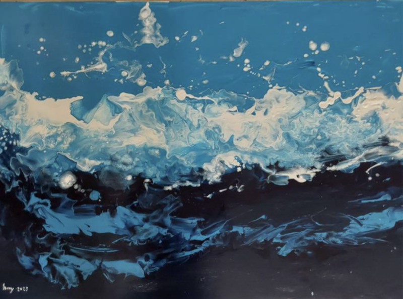 This acrylic painting by Sartika Mohomad appears to show the waves from an underwater view looking upwards in an abstract sense. Navy, blue, and whites are marbled together to mimic the movement of the ocean's water. 