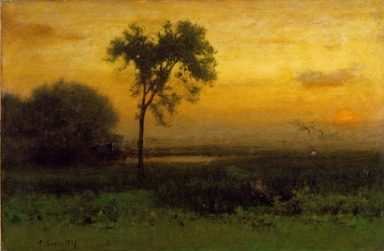 A landscape painting of a sunrise by George Inness