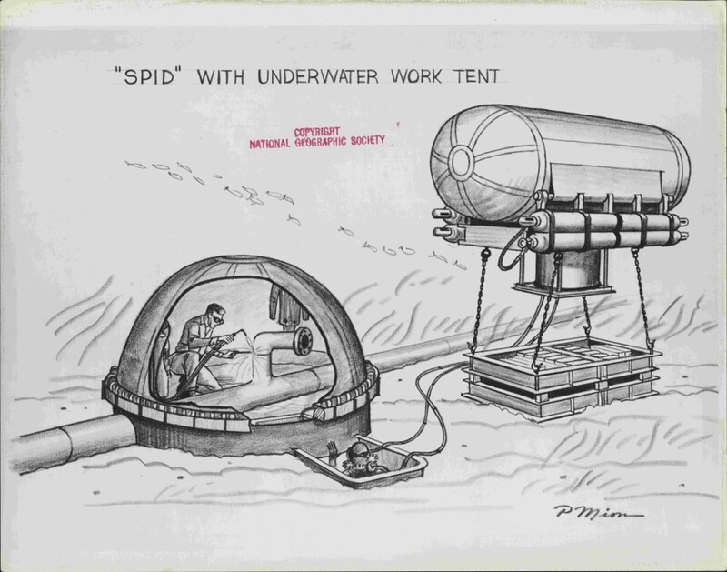 A drawing of an igloo-like workspace tent next to a submersible