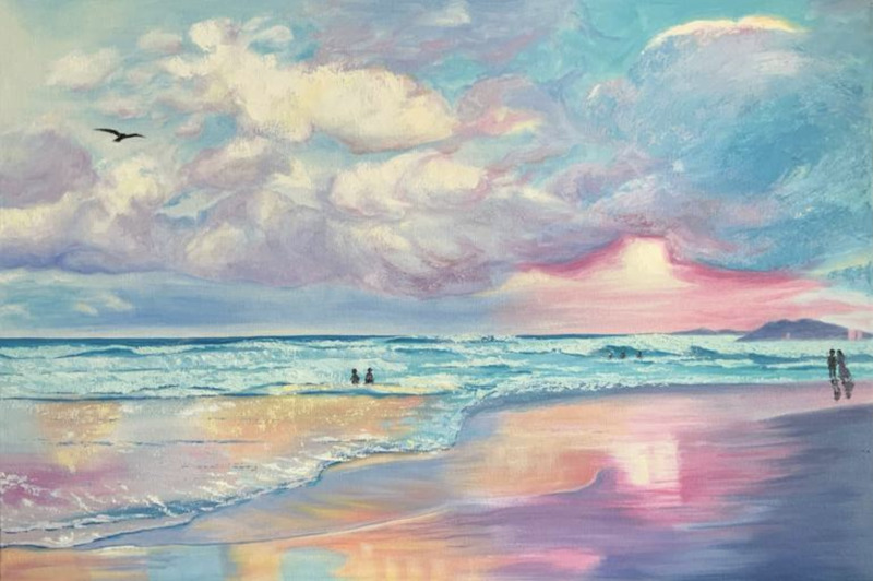 This dreamlike acrylic painting by Olga Astri depicts the beach in a fantastical pastel setting. Puffy, billowing white clouds with hues of purple, blue, pink, and yellow roll across the upper portion of the canvas. A pinkish sunset is hidden behind the clouds, yet its reflection can be seen reflected upon the wet sand. Aqua, glittering waves reflect the pink and oranges of the sunset while also pooling upon the beach. A singular seagull like bird appears to fly in the upper left corner of the painting. There appears to be the boulders positioned in the far background of the painting towards the right. Two figures stand on the right side of the beach near the water admiring the sunset. Multiple figures are scattered throughout the ocean as well. 