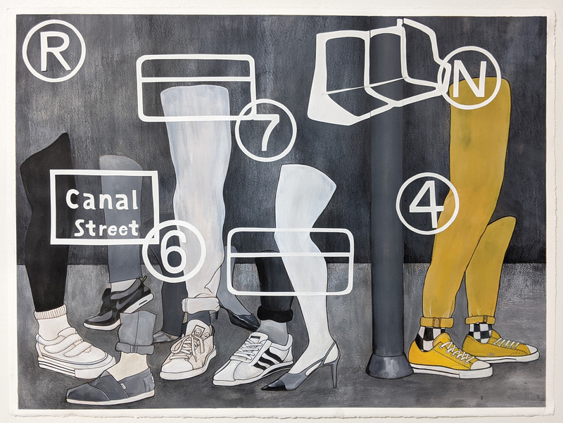 Painting of just the body part of legs in different shoes/pants, superimposed by white lettering of "Canal Street" and subway numbers/letters that go to that stop