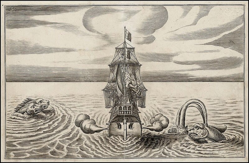 This is an engraving depicting the back end of a ship in the middle of the ocean. On the left side of the ship are two serpent-like monsters, and on the right side, there is another serpent, shooting water at the ship. The mast of the ship is shown to be holding a sword, ready to fight back against the aquatic adversaries.