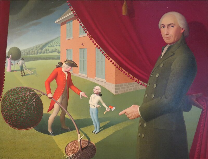 This painting depicts a folk tale of a young George Washington cutting down a cherry tree with a hand axe.  Parson Weems stands in the foreground lifting a curtain to the scene within the painting.  George Washington's father is depicted condemning the child.  African Americans are depicted in the background picking cherries.  The artist chose to place them here to remind the viewer that while a prominent figure in American history, George Washington was a slave holder his entire life.