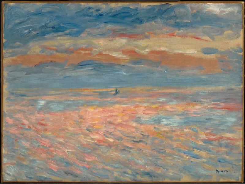 Oil painting by Pierre-Auguste Renoir that shows a cloudy sunset over a calm ocean with a tiny boat centered in the middle of the canvas. The short, quick brushstrokes create movement that mimics the flow of the water.