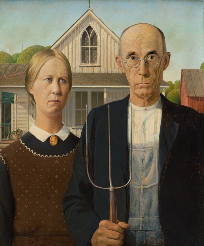 American Gothic is an oil painting created by Grant Wood in 1930.  It's approximately 2.5'x2' and is in the collection of the Art Institute of Chicago.