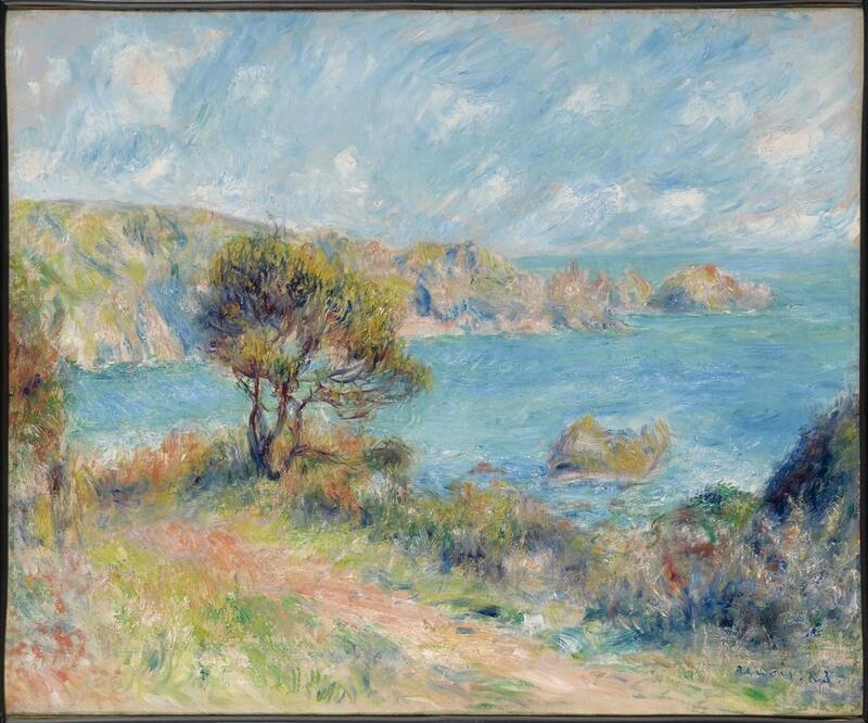 Using many lines and pastel colors this painting depicts a coast with grass and a walking path in front with one tree. Behind it is water and another strip of land reaching most of the way through the painting. The ground is mountainous and has rocks. The water is a blue-green and the sky is light blue with white clouds. 