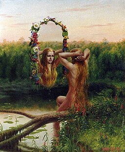 This painting depicts a nude woman brushing her hair while she is sitting on a branch that rests over a body of water. This woman is looking at her reflection which is surrounded by a ring of flowers. This depiction represents the Slavic entity, Rusalka.