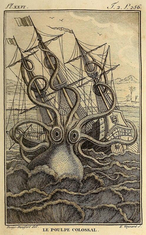 The image has black ink on a beige background depicting a large octopus-like creature in front of a ship. The tentacles of the octopus are wrapped around each of the masts of the ship. The top left corner of the page reads Pl XXVI. The top right corner reads T.2. P.256. The bottom reads Denys-Montfort del., E. Voyard S, and Le Poulpe Colossal. 