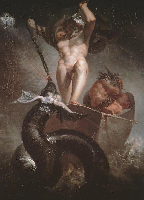 Thor stands at the end of a ship holding a chain around his arm that he used to batter the Midgard Serpent, a black sea serpent rising out of the water