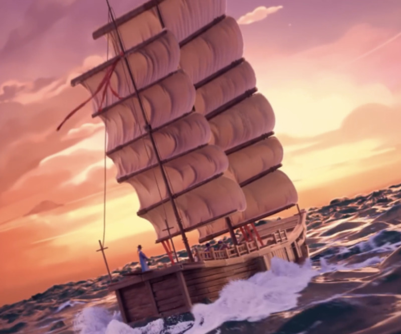 This image depicts a large ship on the ocean. This ship has a brown, wooden built, with large white sails. The ship is sailing into the sunset of the horizon. The sky is beautifully orange and yellow, which contrasts well with the dark blue ocean.