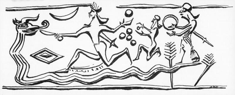 Left, horned serpent having long undulating coils extending across bottom of scene, head facing center, tongue extending from mouth; center, bearded running god, hair hanging at back of neck, wearing headdress, thrusting a sword into the mouth of the serpent