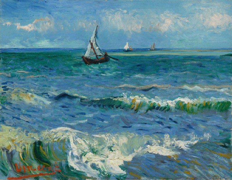 Van Gogh wrote that the painting " ‘has a colour like mackerel, in other words, changing – you don’t always know if it’s green or purple – you don’t always know if it’s blue – because a second later, its changing reflection has taken on a pink or grey hue’. The bright red signature has been placed prominently in the foreground: it was intended as a ‘red note in the green’." 