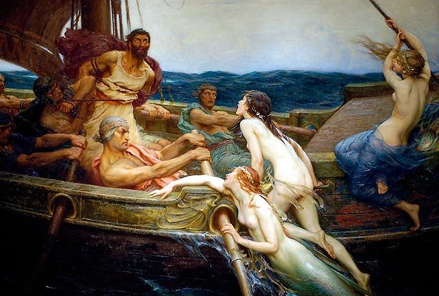 A painting created using oil on canvas depicting a man, Ulysses, tied to the mast of his ship. He is being tormented by sirens, which are depicted as naked women that are losing their fishlike features as they  are leaving the water