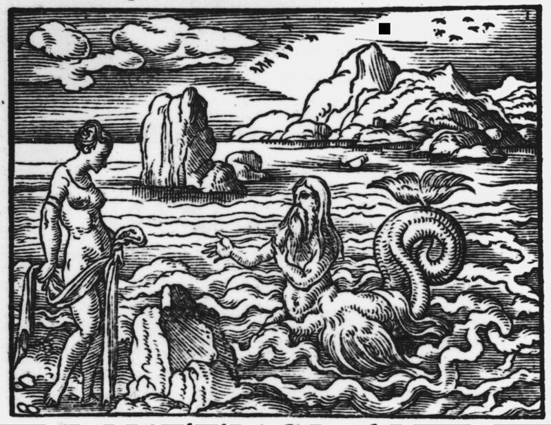 The image shows a black and white drawing of a male human-like creature with a fish-like tail in the ocean, with an unclothed woman standing on the land. She is holding a long piece of cloth. The male figure has long hair and a beard and is gesturing his hands toward the woman. Behind them, large mountains and land structures can be seen. 