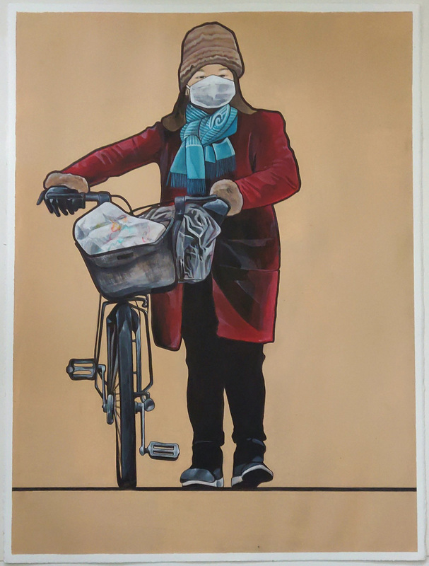 Painting of an Asian girl wearing a mask and dressed in winter gear (hat, scarf, gloves and long red jacket),  walking her bicycle 