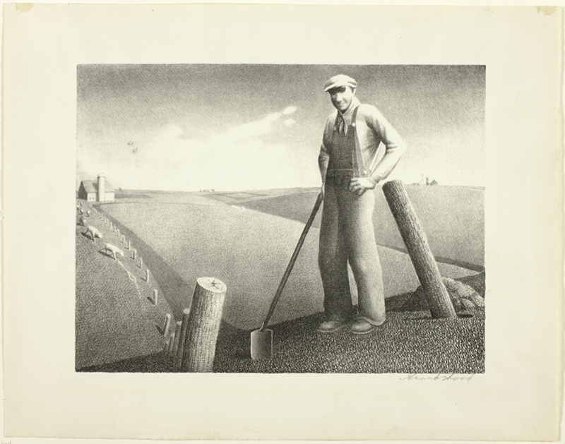 This lithograph depicts a farmer standing proudly in the foreground with a residential farm depicted in the background.