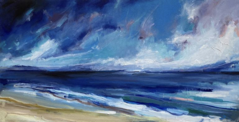 This acrylic painting by Nazar Tuvok shows the varying blue hues of the sky blending into the blues of the ocean with long sweeping brush strokes. Faint hints of a near sun's pinkish and purple-ish beams can be seen reflecting upon the clouds and ocean waves. In the left corner of the painting there appears to be a sandy beach. 