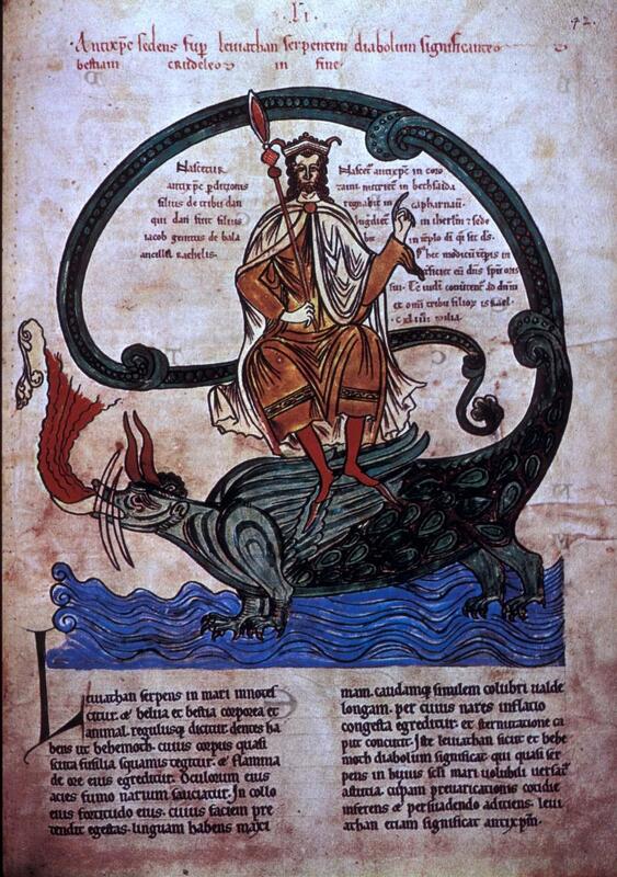 Romanesque bookart depicting the Anti Christ in a white robe enthroned on Leviathan, a fire-breathing water dragon