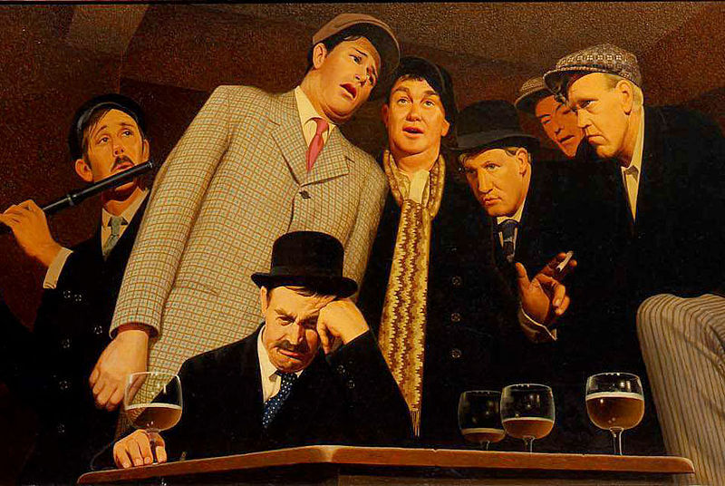 Group portrait of seven male figures.  They are all depicted either singing or playing an instrument around a table with glasses of beer.  Their expressions convey the title of the work, not happy but sentimental to sorrowful.