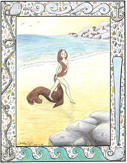 An illustration depicting the human form of a selkie, walking naked along the shore of a beach. There are seals depicted in the background, alluding to the fact that selkies are part seal. The illustration is framed by various nautical illustrations.