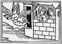 An illustration of a woman-like figure depicted with a tail from the waist down and dragon-like wings. She is shown flying out of a castle's window while two human individuals are watching her leave. This is a depiction of Melusine in her condemned punishment.