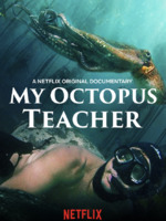 The front half of a man with scuba gear appears to be swimming on the bottom of the poster. 
Directly above him is an octopus. A kelp and sea plant forest surrounds the two figures.