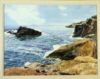 Water color painting by Phil Foster depicts a dry rocky coastline with large boulders. The water appears relatively calmer with few ripples as it crashes upon the rocks. The water is reflective of the blue sky with partial clouds. A majority of the ocean is painted with various shades of blue, with darker greens embedded along the boulders.