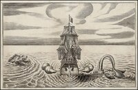 This is an engraving depicting the back end of a ship in the middle of the ocean. On the left side of the ship are two serpent-like monsters, and on the right side, there is another serpent, shooting water at the ship. The mast of the ship is shown to be holding a sword, ready to fight back against the aquatic adversaries.