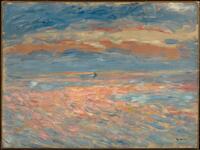 Oil painting by Pierre-Auguste Renoir that shows a cloudy sunset over a calm ocean with a tiny boat centered in the middle of the canvas. The short, quick brushstrokes create movement that mimics the flow of the water.