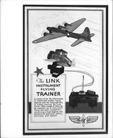 An advertisement flyer with an illustration of a plane and images of the Link Trainer