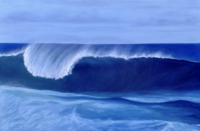 In this almost entirely blue painting there is an ocean with a really big wave starting to fold over, with white foam at the top of the wave.  