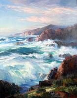 Oil painting on canvas by Bennett Bradbury created to portray and evoke the strength of our oceans and the innate beauty which they possess. Rugged, grassy cliffs are met by a rough ocean. The water crashes against the boulders and sprays mist into the air. The sky is blue with a network of purple clouds graced by pinkish hues of a nearby sunset.  