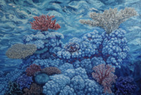 Oil painting by Nikolina Kovalenko created in joint with the Coral Reef Alliance to capture the beauty of our planet's vibrant coral reefs and the dire need to protect them. Blue, red, and yellowish corals center the canvas. The ocean in the background is created using wavy, distinct strokes of blues and teals. 