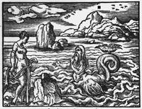 The image shows a black and white drawing of a male human-like creature with a fish-like tail in the ocean, with an unclothed woman standing on the land. She is holding a long piece of cloth. The male figure has long hair and a beard and is gesturing his hands toward the woman. Behind them, large mountains and land structures can be seen. 