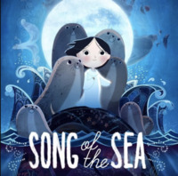 This image depicts Saoirse in the center, wearing a white night dress. She has short black hair and holds one arm out and the other at her chest. She is standing on a rock in the sea, surrounded by over five seals that stand with her on the rock. Around the rock are waves of the dark blue sea. The background is the night sky with a big, bright moon. On the bottom center of the image, the words "Song of the Sea" are written in white. 