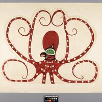 The image shows a painting of a red octopus-like creature with white spots spanning from the middle of its body throughout each of the tentacles, which are spread out through most of the paper. It has a bird-like face, with green around its eye, and a black and red beak. It appears as though it has been cut and repasted onto another paper, and a small paint palette is seen underneath.