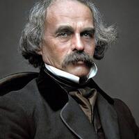 This picture of Nathaniel Hawthorne shows him wearing a black suite. He has grey hair and a grey mustache. He is looking at the camera with a blank stare. 