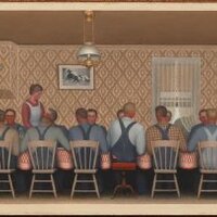 This picture is an interior scene of a group of farmers seated at a dining room table preparing for a repast.  In the kitchen, two women prepare the meal.  The scene resembles the interior of a dollhouse in cross section.  It is simplistic in style.