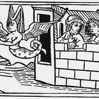 An illustration of a woman-like figure depicted with a tail from the waist down and dragon-like wings. She is shown flying out of a castle's window while two human individuals are watching her leave. This is a depiction of Melusine in her condemned punishment.