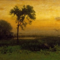 A landscape painting of a sunrise by George Inness