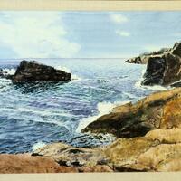 Water color painting by Phil Foster depicts a dry rocky coastline with large boulders. The water appears relatively calmer with few ripples as it crashes upon the rocks. The water is reflective of the blue sky with partial clouds. A majority of the ocean is painted with various shades of blue, with darker greens embedded along the boulders.