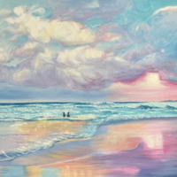 This dreamlike acrylic painting by Olga Astri depicts the beach in a fantastical pastel setting. Puffy, billowing white clouds with hues of purple, blue, pink, and yellow roll across the upper portion of the canvas. A pinkish sunset is hidden behind the clouds, yet its reflection can be seen reflected upon the wet sand. Aqua, glittering waves reflect the pink and oranges of the sunset while also pooling upon the beach. A singular seagull like bird appears to fly in the upper left corner of the painting. There appears to be the boulders positioned in the far background of the painting towards the right. Two figures stand on the right side of the beach near the water admiring the sunset. Multiple figures are scattered throughout the ocean as well. 