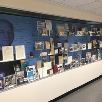 A collection of various photographs and documents on a wall display